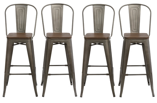 30" Metal Antique Rustic Counter height Bar Stool Chair High Back Wood seat - Set of 4