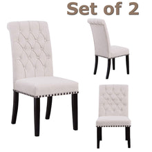 SET OF TWO High Back Tufted Accent Upholstered Padded Dining Room Chairs Side Solid Wood - Nail Trim Linen Beige