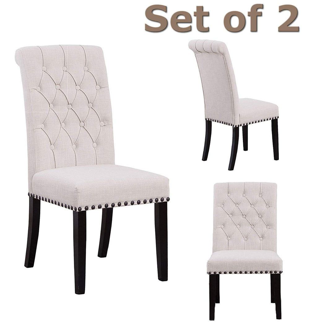 SET OF TWO High Back Tufted Accent Upholstered Padded Dining Room Chairs Side Solid Wood - Nail Trim Linen Beige