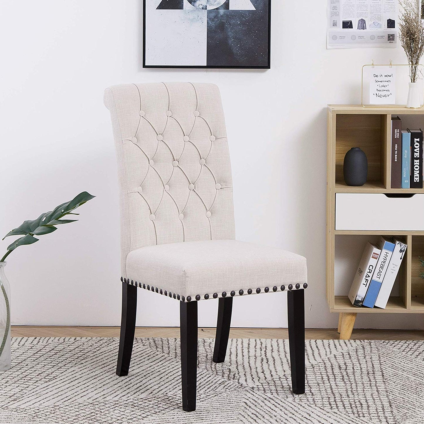 BTExpert High Back Tufted Accent Upholstered Dining Chairs, Solid Wood, Nail Trim, Linen Beige - Set of 2