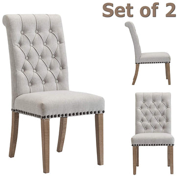 SET OF TWO High Back Tufted Parsons Upholstered Padded Dining Room Chairs Side Solid Wood-Accent Nail Trim Linen Gray