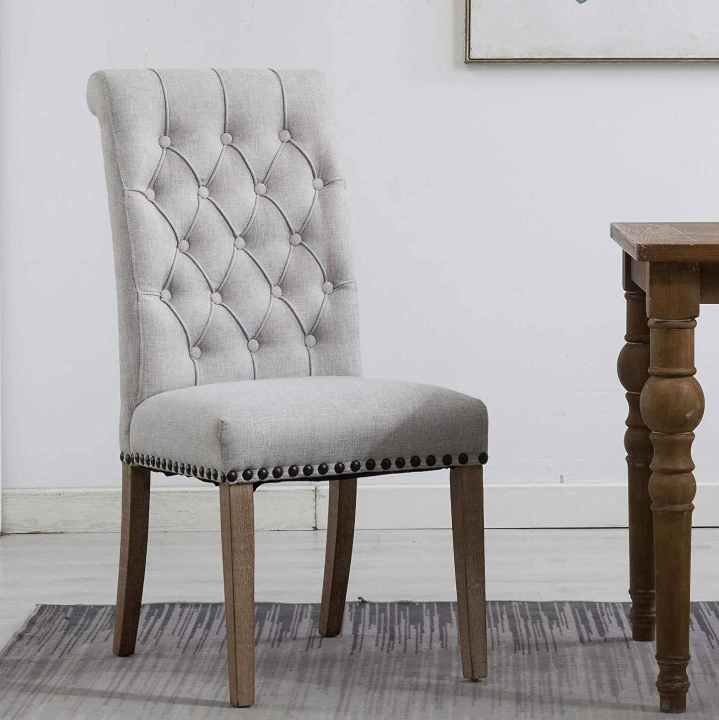 BTExpert High Back Tufted Parsons Upholstered Dining Chairs, Solid Wood, Nail Trim, Linen Gray - Set of 2