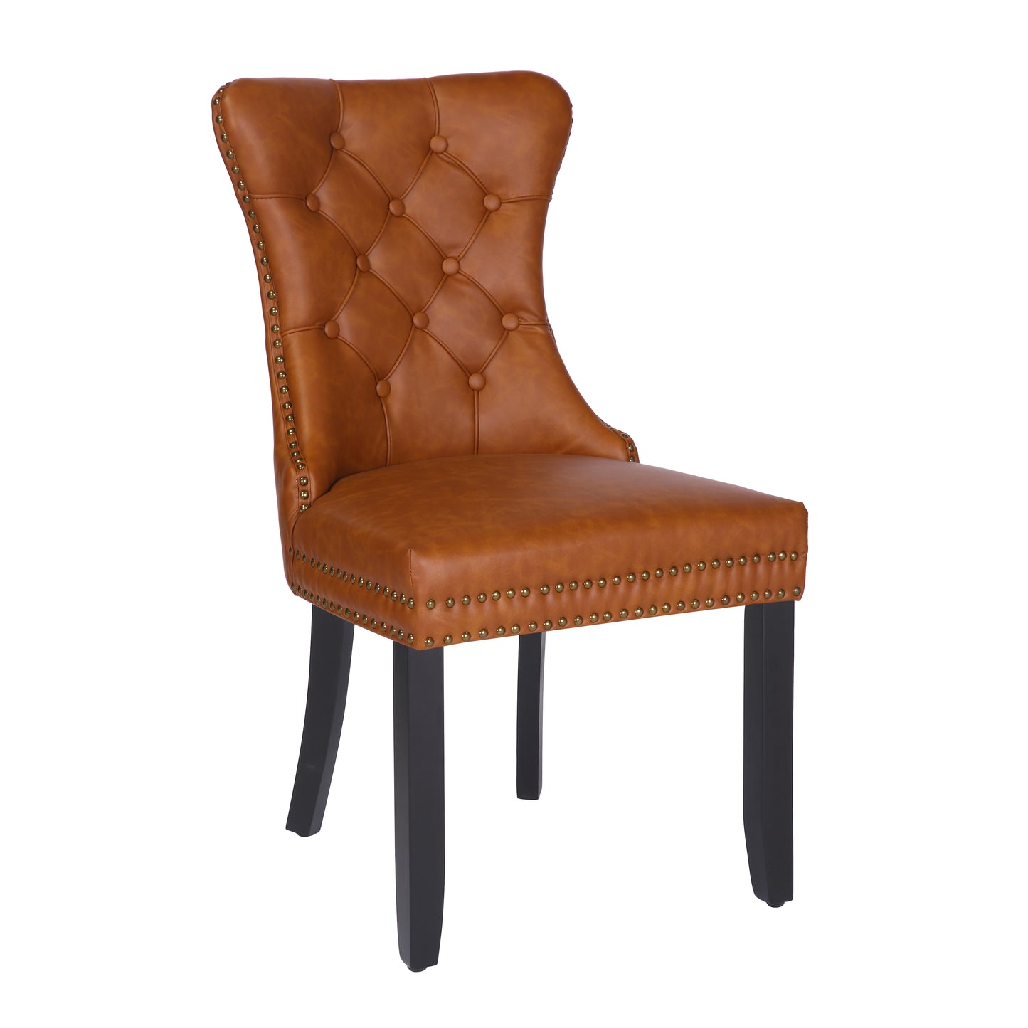 BTExpert High-Back Brown PU Leather Tufted Dining Accent Chair Nailhead Trim, Ring Pull & Solid Wood Legs - Set of 4