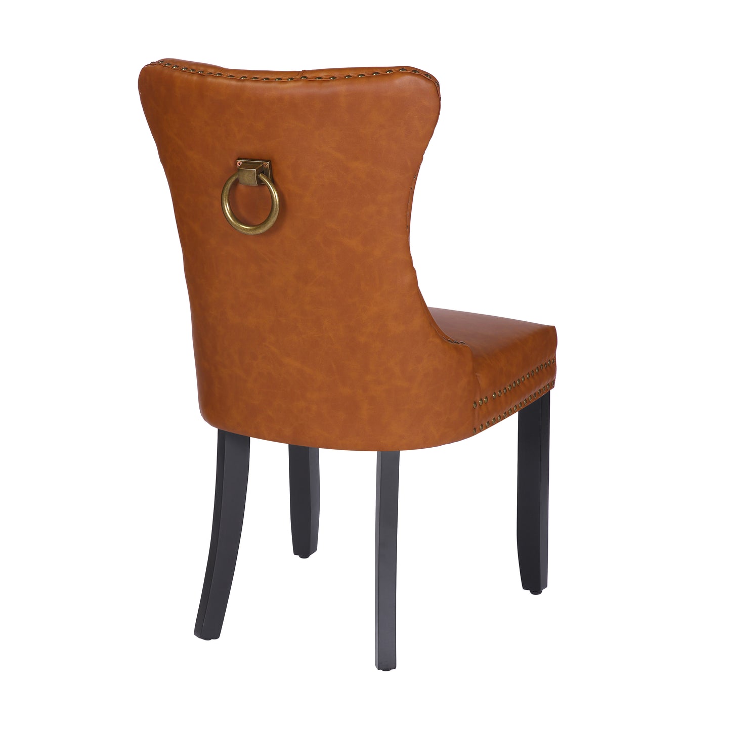BTExpert High-Back Brown PU Leather Tufted Dining Accent Chair Nailhead Trim, Ring Pull & Solid Wood Legs - Set of 4