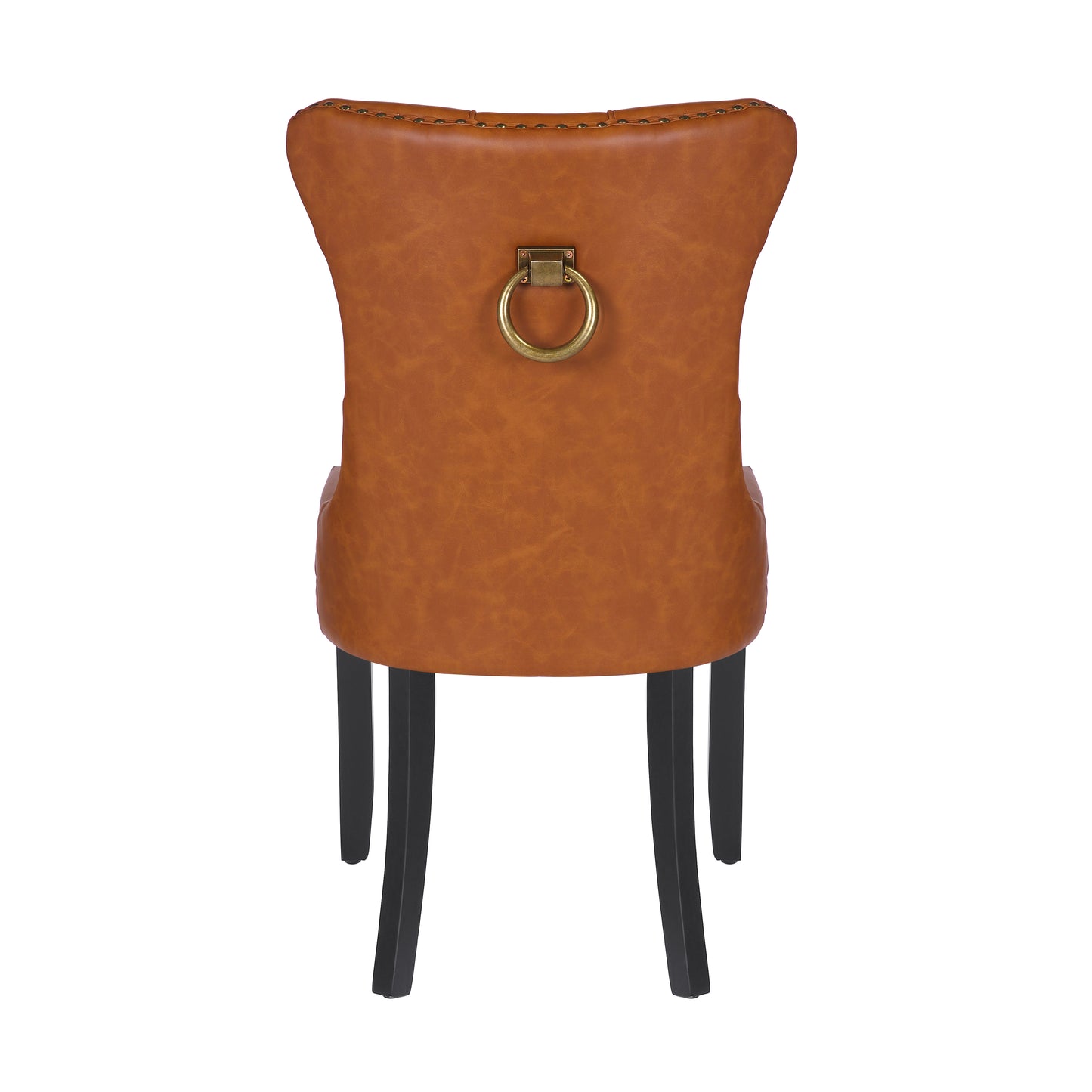 BTExpert High-Back Brown PU Leather Tufted Dining Accent Chair Nailhead Trim, Ring Pull & Solid Wood Legs - Set of 4