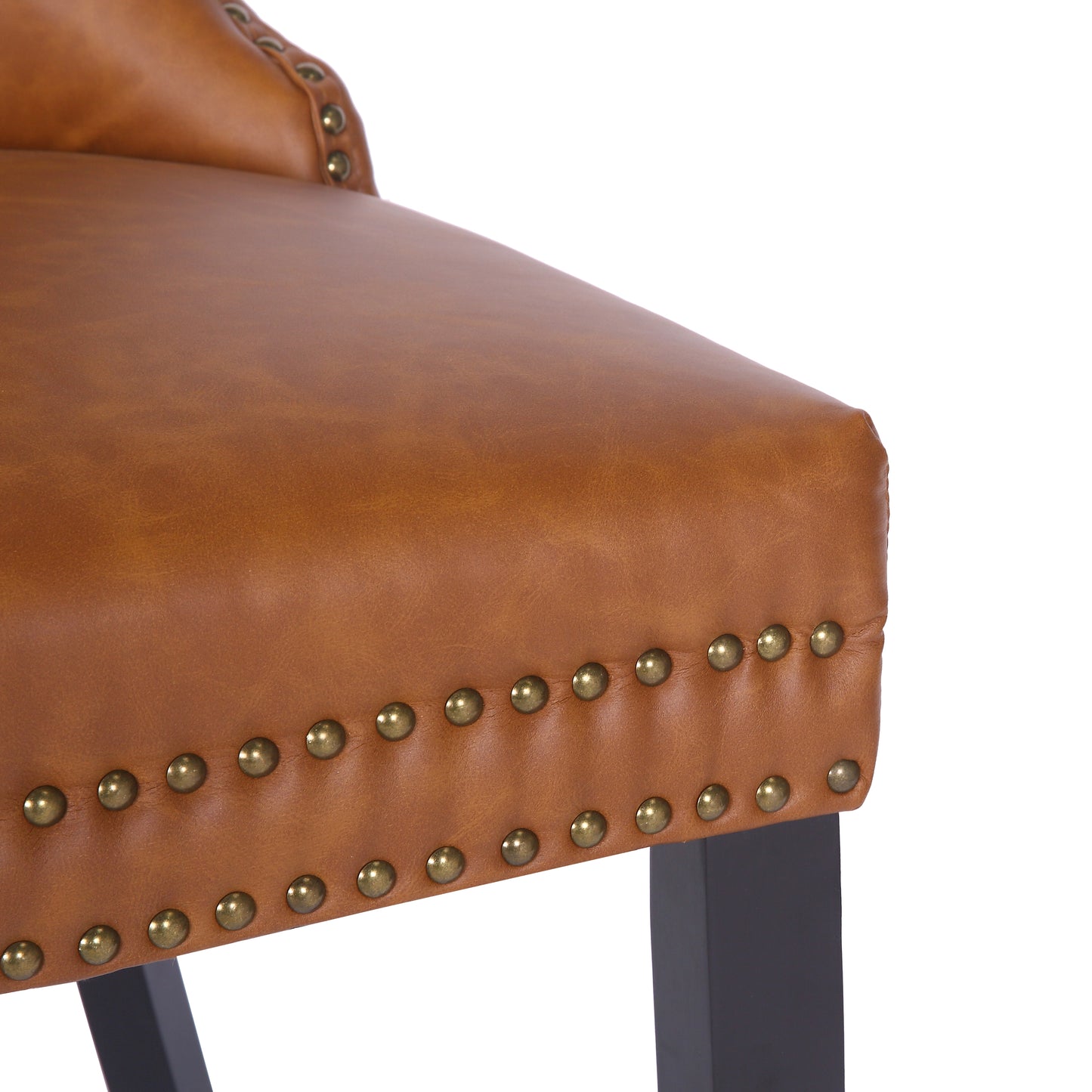 BTExpert High-Back Brown PU Leather Tufted Dining Accent Chair Nailhead Trim, Ring Pull & Solid Wood Legs - Set of 4