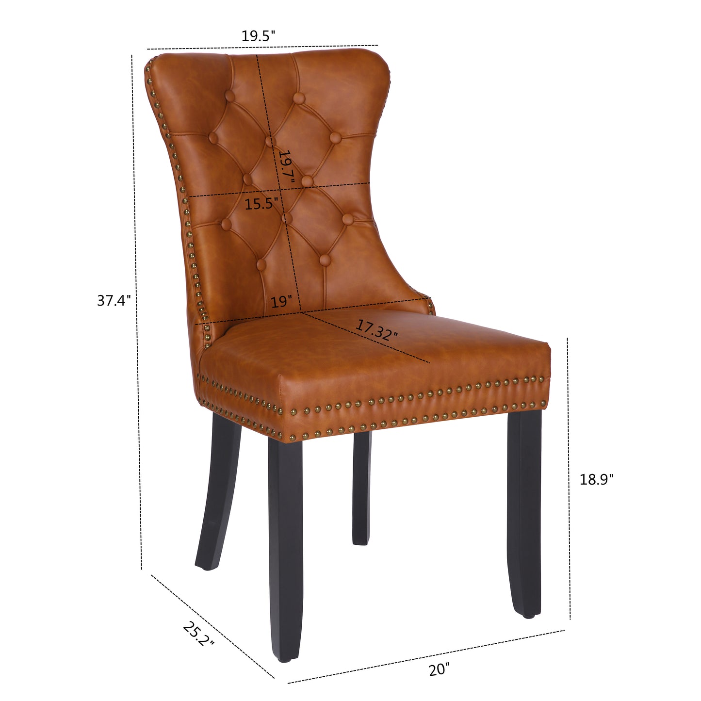 BTExpert High-Back Brown PU Leather Tufted Dining Accent Chair Nailhead Trim, Ring Pull & Solid Wood Legs - Set of 4