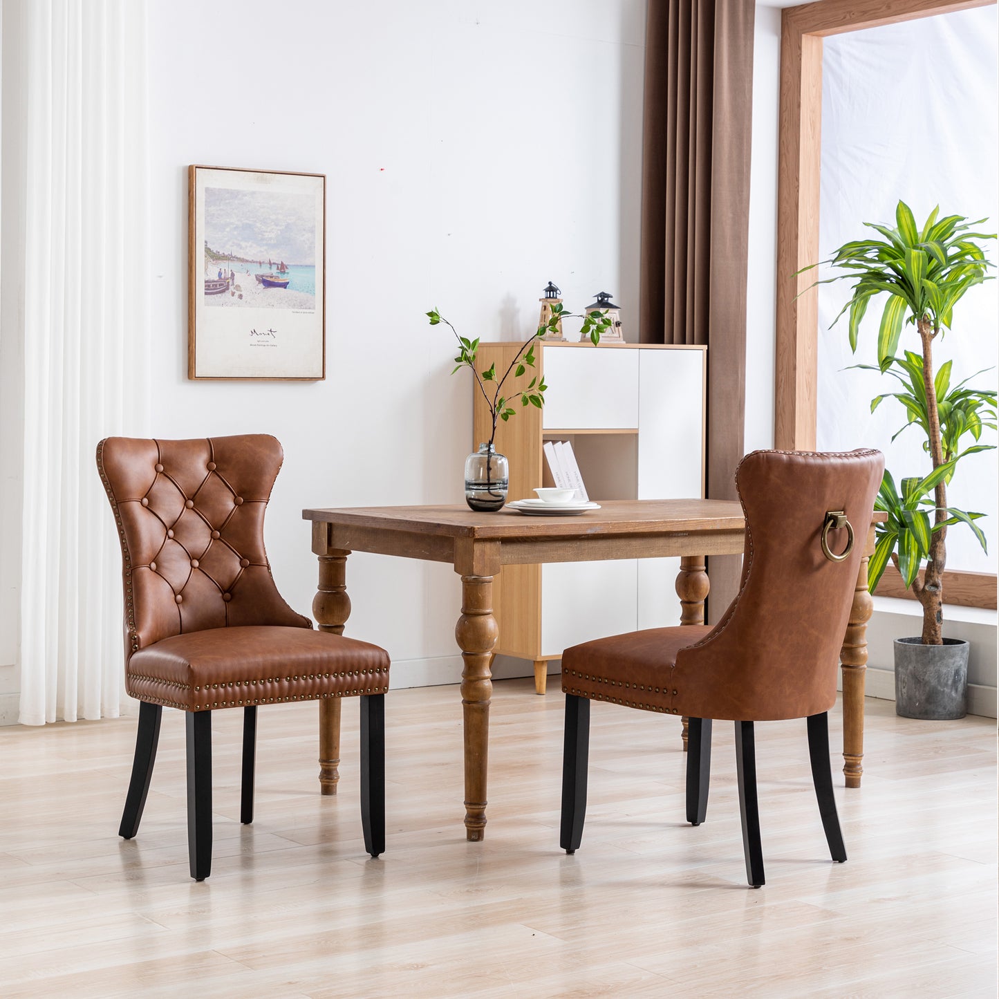 BTExpert High-Back Brown PU Leather Tufted Dining Accent Chair Nailhead Trim, Ring Pull & Solid Wood Legs - Set of 4