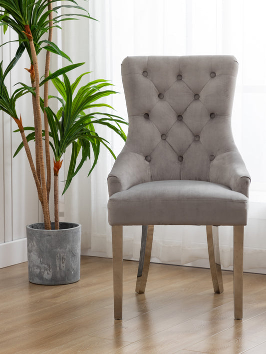 High Back Velvet Gray Tufted Upholstered Dining Chairs with Stainless steel legs - Set of 2