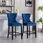 BTExpert Blue Velvet Farmhouse Bar Stools, 26" High Tufted Wingback, Wooden Legs Home Dining Room Island - Set of 2