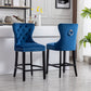 BTExpert Blue Velvet Farmhouse Bar Stools, 26" High Tufted Wingback, Wooden Legs Home Dining Room Island - Set of 2