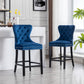 BTExpert Blue Velvet Farmhouse Bar Stools, 26" High Tufted Wingback, Wooden Legs Home Dining Room Island - Set of 2