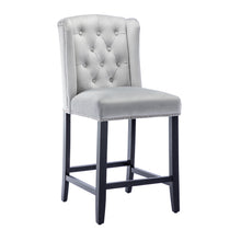 BTEXPERT Padded Light Gray Velvet Victorian Wingback Bar Stools, 26" High, Diamond Tufting, Button Upholstery, Solid Wooden Legs, Set of 2