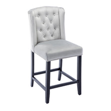 BTEXPERT Padded Light Gray Velvet Victorian Wingback Bar Stools, 26" High, Diamond Tufting, Button Upholstery, Solid Wooden Legs, Set of 2