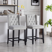 BTEXPERT Padded Light Gray Velvet Victorian Wingback Bar Stools, 26" High, Diamond Tufting, Button Upholstery, Solid Wooden Legs, Set of 2