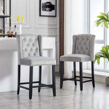 BTEXPERT Padded Light Gray Velvet Victorian Wingback Bar Stools, 26" High, Diamond Tufting, Button Upholstery, Solid Wooden Legs, Set of 2