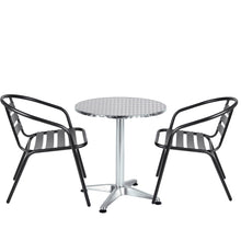 BTExpert Indoor Outdoor 23.75" Round Restaurant Table Stainless Steel Silver Aluminum + 2 Black Metal Slat Stack Chairs Commercial Lightweight