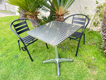 BTExpert Indoor Outdoor 23.75" Square Restaurant Table Stainless Steel Silver Aluminum + 2 Black Metal Slat Stack Chairs Commercial Lightweight