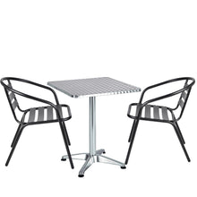 BTExpert Indoor Outdoor 23.75" Square Restaurant Table Stainless Steel Silver Aluminum + 2 Black Metal Slat Stack Chairs Commercial Lightweight