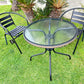 BTExpert 28" Round Glass Table w/ Brown Rattan Trim + 2 Black Metal Slat Chairs, Indoor Outdoor Lightweight