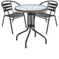 BTExpert 28" Round Glass Table w/ Brown Rattan Trim + 2 Black Metal Slat Chairs, Indoor Outdoor Lightweight