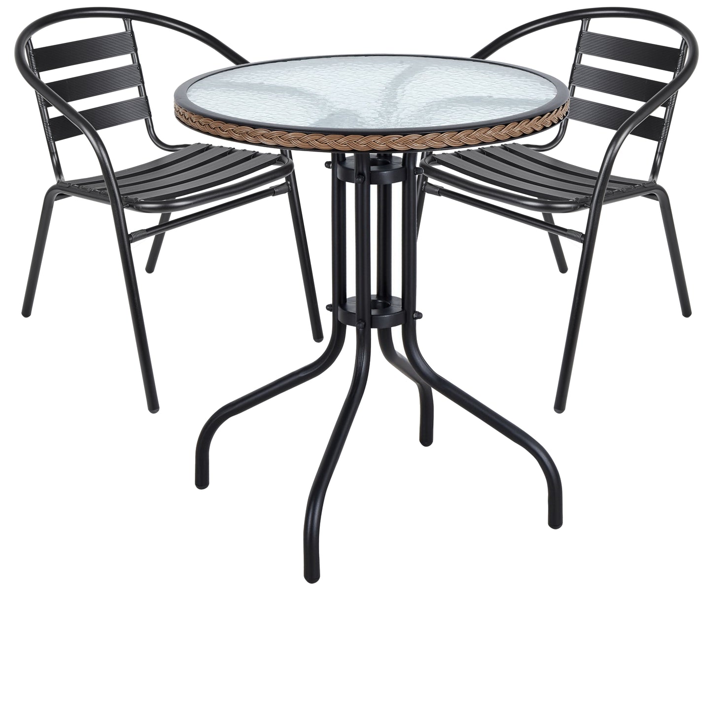 BTExpert 28" Round Glass Table w/ Brown Rattan Trim + 2 Black Metal Slat Chairs, Indoor Outdoor Lightweight