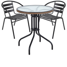 BTExpert Indoor Outdoor 28" Round Tempered Glass Metal Table Brown Rattan Trim + 2 Black Restaurant Metal Aluminum Slat Stack Chairs Lightweight