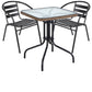 BTExpert 28" Square Glass Table w/ Brown Rattan Trim + 2 Black Metal Slat Chairs, Indoor Outdoor Lightweight