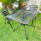 BTExpert 28" Square Glass Table w/ Brown Rattan Trim + 2 Black Metal Slat Chairs, Indoor Outdoor Lightweight