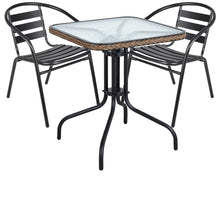 BTExpert Indoor Outdoor 28" Square Tempered Glass Metal Table Brown Rattan Trim + 2 Black Restaurant Metal Aluminum Slat Stack Chairs Lightweight