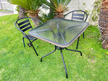 BTExpert Indoor Outdoor 28" Square Tempered Glass Metal Table Brown Rattan Trim + 2 Black Restaurant Metal Aluminum Slat Stack Chairs Lightweight