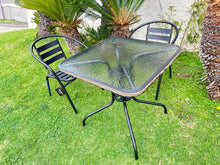 BTExpert Indoor Outdoor 28" Square Tempered Glass Metal Table Brown Rattan Trim + 2 Black Restaurant Metal Aluminum Slat Stack Chairs Lightweight