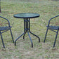 BTExpert Indoor Outdoor 23.75" Round Tempered Glass Table Black + 2 Black Metal Slat Stack Lightweight Chairs