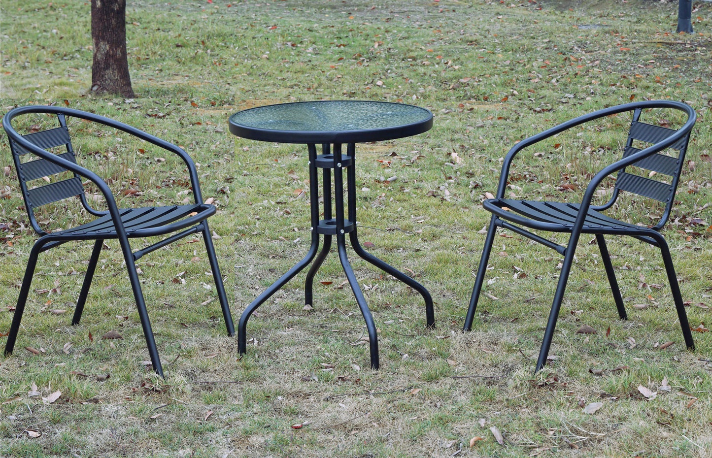 BTExpert Indoor Outdoor 23.75" Round Tempered Glass Table Black + 2 Black Metal Slat Stack Lightweight Chairs