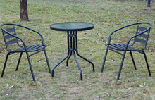 BTExpert Indoor Outdoor 23.75" Round Tempered Glass Metal Table Black  + 2 Black Restaurant Metal Aluminum Slat Stack Chairs Lightweight