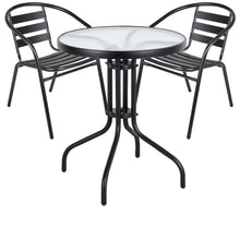 BTExpert Indoor Outdoor 23.75" Round Tempered Glass Metal Table Black  + 2 Black Restaurant Metal Aluminum Slat Stack Chairs Lightweight