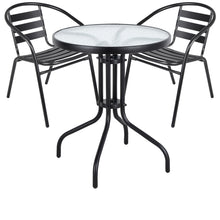 BTExpert Indoor Outdoor 23.75" Round Tempered Glass Metal Table Black  + 2 Black Restaurant Metal Aluminum Slat Stack Chairs Lightweight