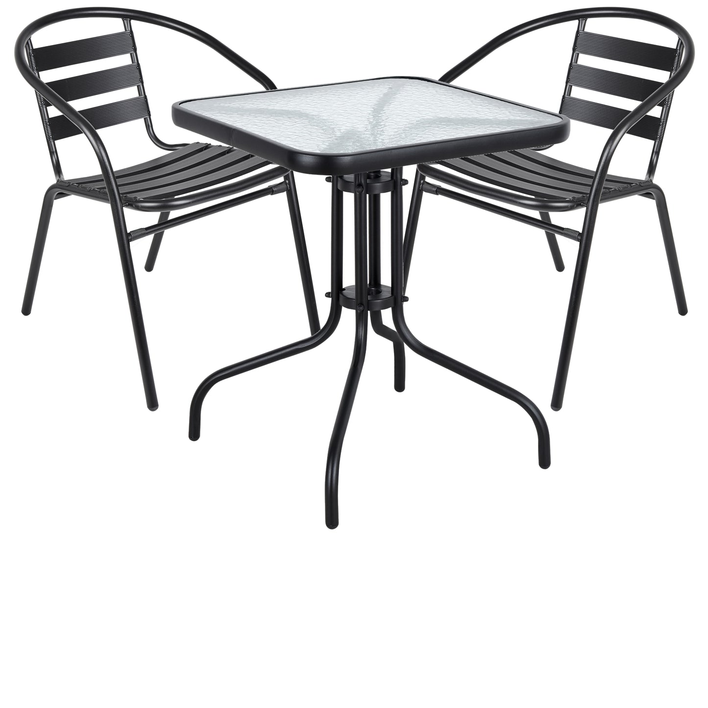 BTExpert 23.75" Square Black Glass Table + 2 Black Metal Slat Chairs, Indoor Outdoor, Lightweight