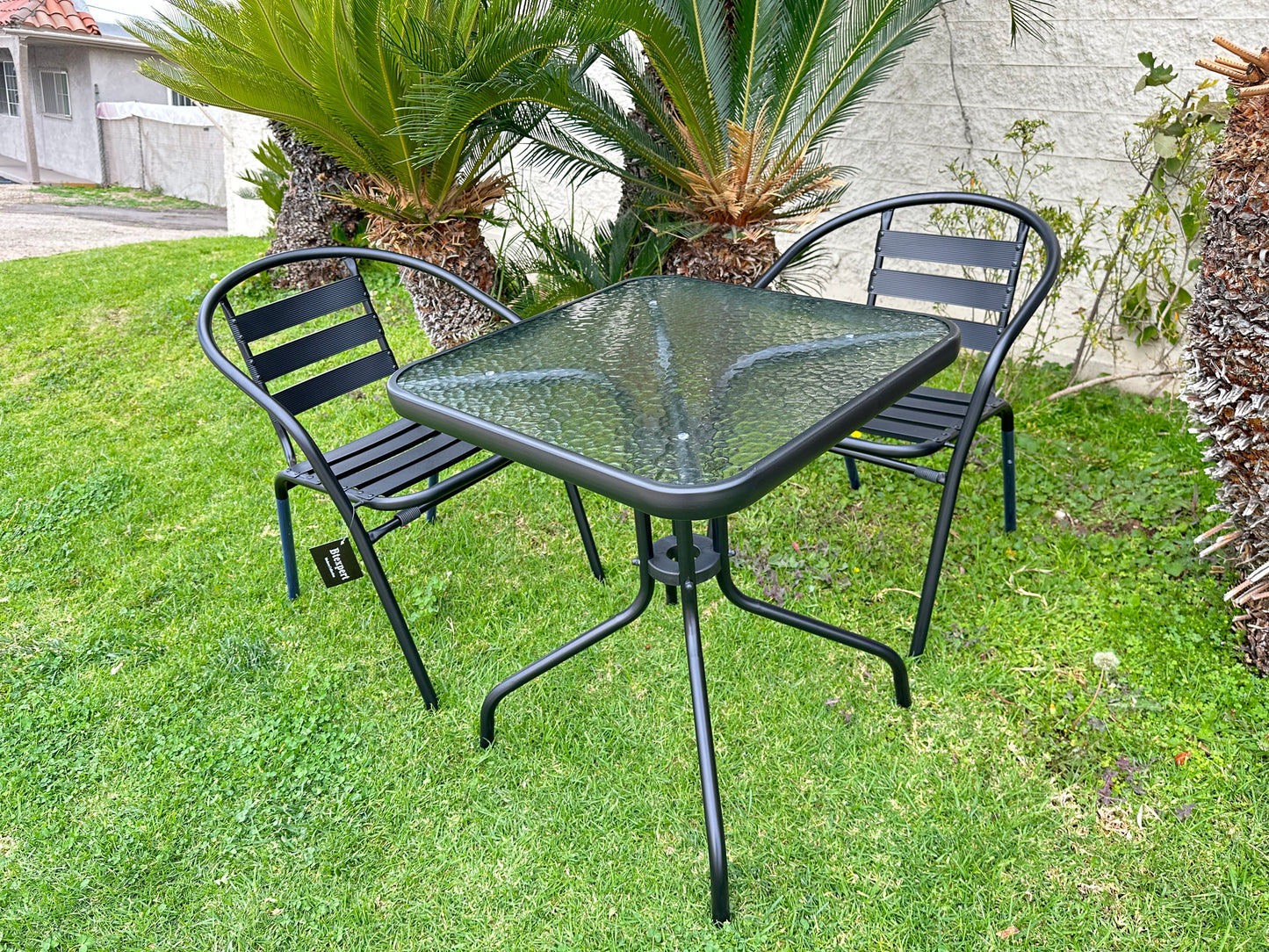 BTExpert 23.75" Square Black Glass Table + 2 Black Metal Slat Chairs, Indoor Outdoor, Lightweight