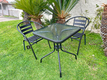 BTExpert Indoor Outdoor 23.75" Square Tempered Glass Metal Table Black  + 2 Black Restaurant Metal Aluminum Slat Stack Chairs Lightweight