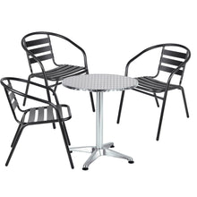 BTExpert Indoor Outdoor 23.75" Round Restaurant Table Stainless Steel Silver Aluminum + 3 Black Metal Slat Stack Chairs Commercial Lightweight