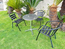 BTExpert Indoor Outdoor 23.75" Round Restaurant Table Stainless Steel Silver Aluminum + 3 Black Metal Slat Stack Chairs Commercial Lightweight