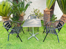 BTExpert Indoor Outdoor 23.75" Square Restaurant Table Stainless Steel Silver Aluminum + 3 Black Metal Slat Stack Chairs Commercial Lightweight