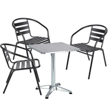 BTExpert Indoor Outdoor 23.75" Square Restaurant Table Stainless Steel Silver Aluminum + 3 Black Metal Slat Stack Chairs Commercial Lightweight