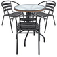 BTExpert 28" Round Glass Table w/ Brown Rattan Trim + 3 Black Metal Slat Chairs, Indoor Outdoor Lightweight