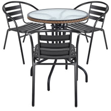 BTExpert Indoor Outdoor 28" Round Tempered Glass Metal Table Brown Rattan Trim  + 3 Black Restaurant Metal Aluminum Slat Stack Chairs Lightweight