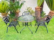 BTExpert Indoor Outdoor 28" Round Tempered Glass Metal Table Brown Rattan Trim  + 3 Black Restaurant Metal Aluminum Slat Stack Chairs Lightweight