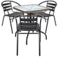 BTExpert 28" Square Glass Table w/ Brown Rattan Trim + 3 Black Metal Slat Chairs, Indoor Outdoor Lightweight