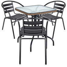 BTExpert Indoor Outdoor 28" Square Tempered Glass Metal Table Brown Rattan Trim  + 3 Black Restaurant Metal Aluminum Slat Stack Chairs Lightweight
