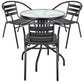 BTExpert 23.75" Round Black Glass Table + 3 Black Metal Slat Chairs, Indoor Outdoor Lightweight